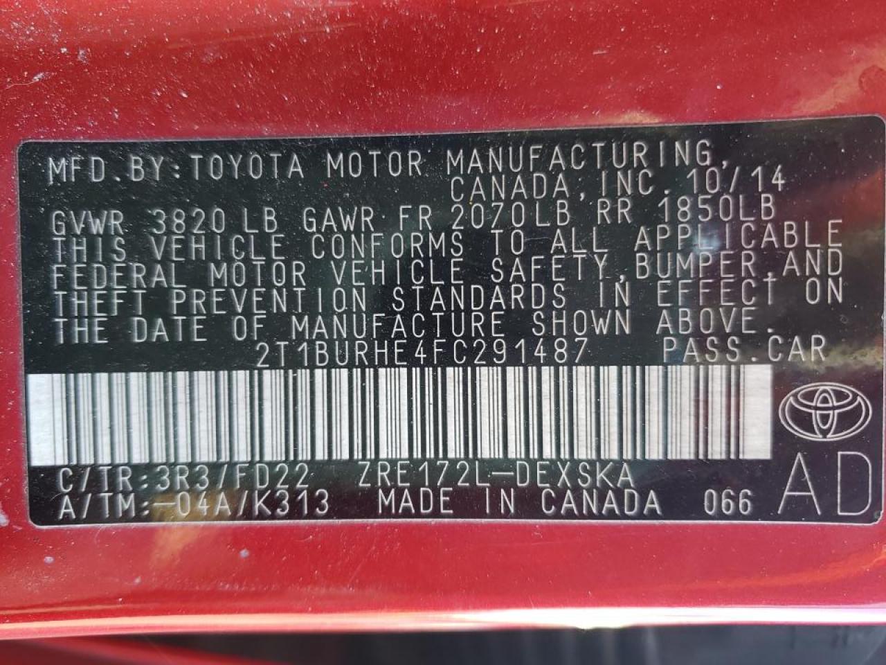 Photo 10 from auction – 2015 TOYOTA COROLLA L with VIN 2T1BURHE4FC291487
