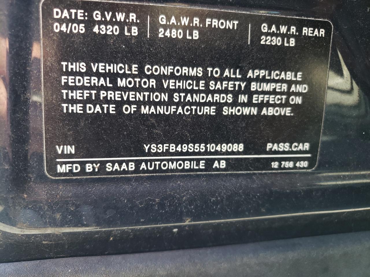 Photo 10 from auction – 2005 SAAB 9 3 with VIN YS3FB49S551049088