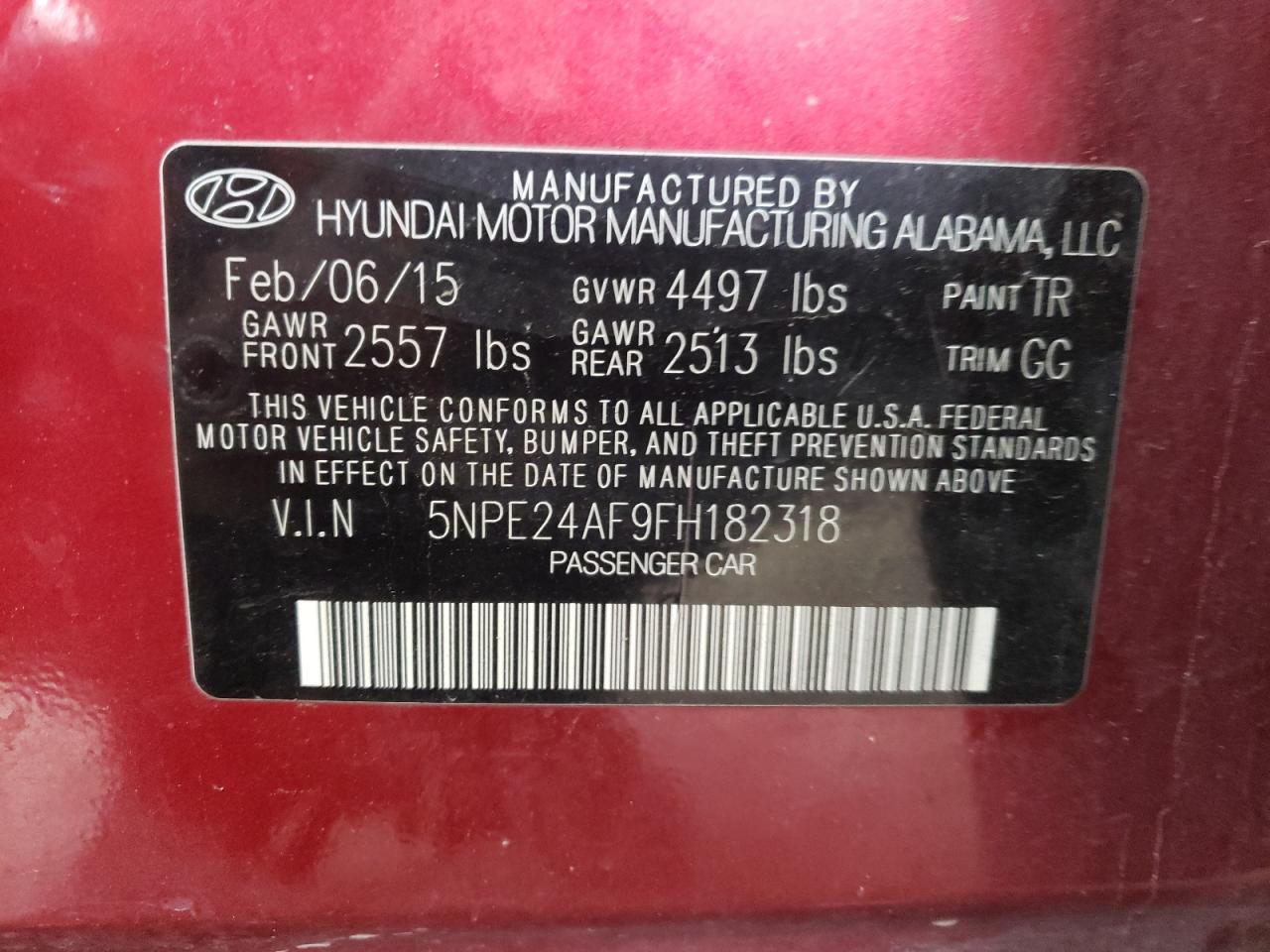 Photo 10 from auction – 2015 HYUNDAI SONATA SE with VIN 5NPE24AF9FH182318