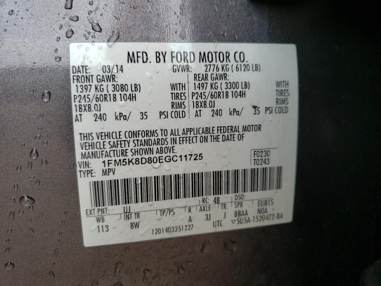 Photo 10 from auction – 2014 FORD EXPLORER X with VIN 1FM5K8D80EGC11725