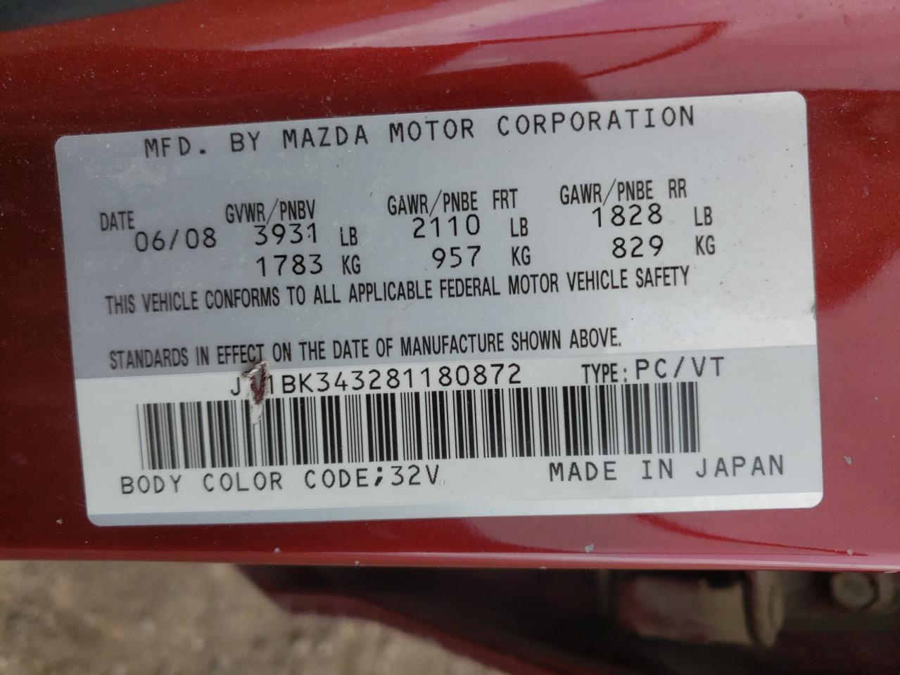 Photo 10 from auction – 2008 MAZDA 3 HATCHBAC with VIN JM1BK343281180872