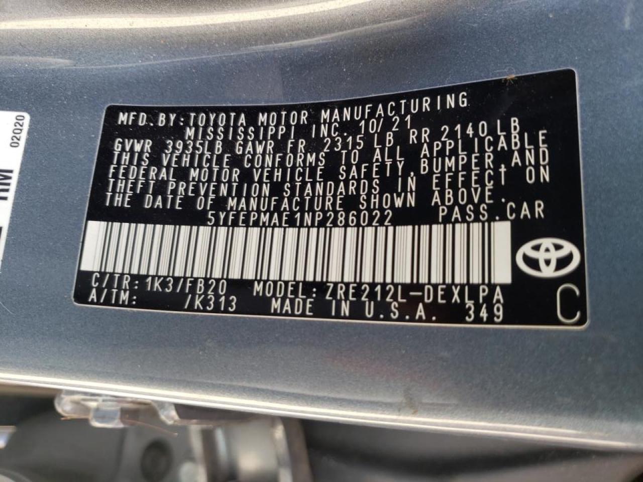Photo 10 from auction – 2022 TOYOTA COROLLA LE with VIN 5YFEPMAE1NP286022