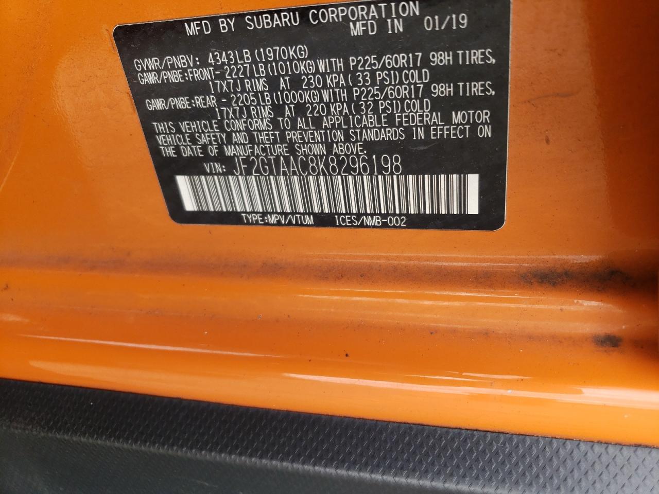 Photo 10 from auction – 2019 SUBARU CROSSTREK with VIN JF2GTAAC8K8296198