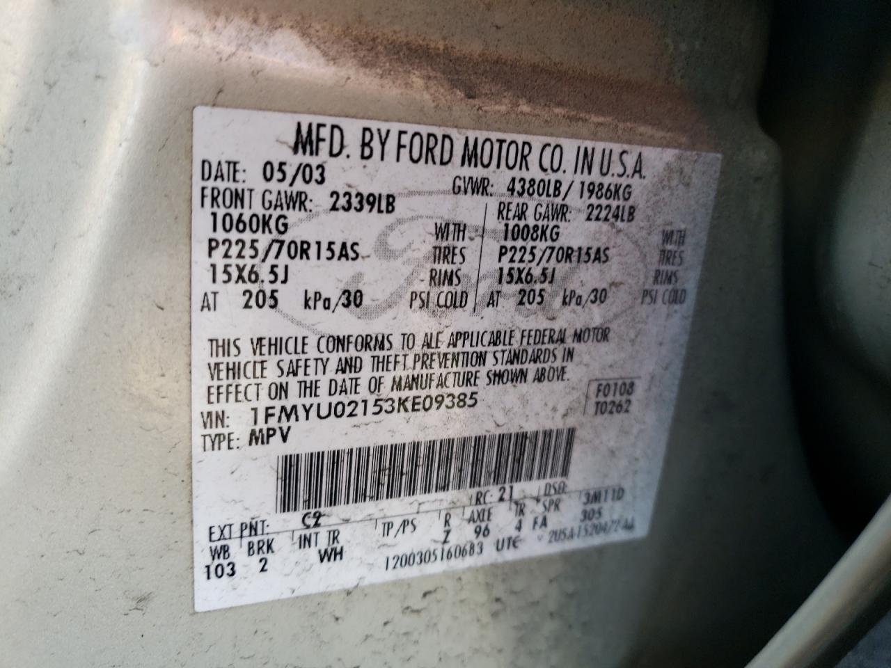 Photo 10 from auction – 2003 FORD ESCAPE XLS with VIN 1FMYU02153KE09385