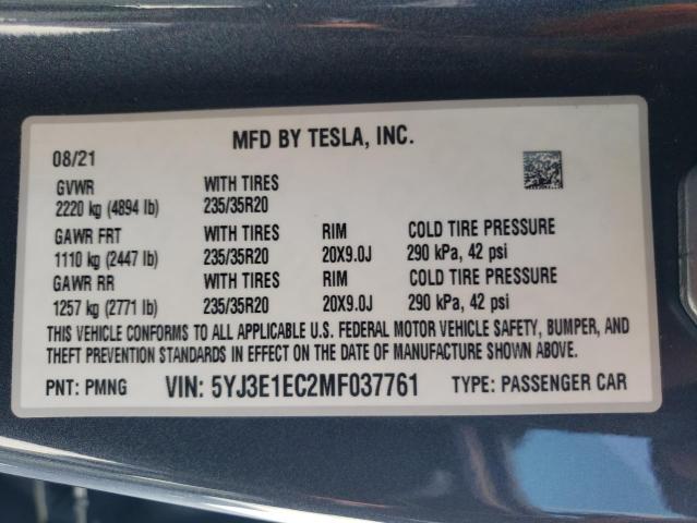 Photo 10 from auction – 2021 TESLA MODEL 3 with VIN 5YJ3E1EC2MF037761