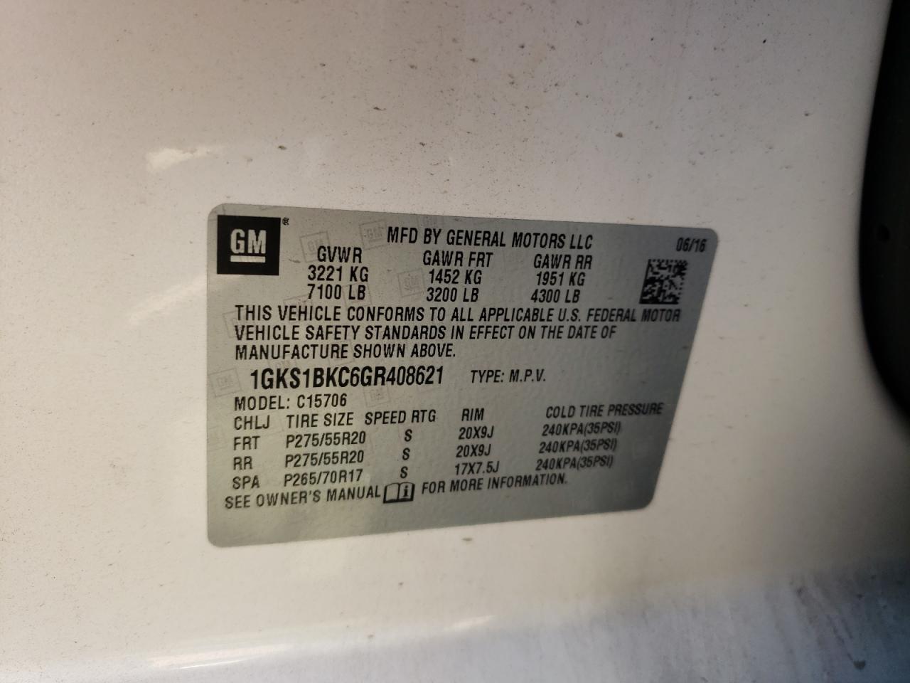 Photo 10 from auction – 2016 GMC YUKON SLT with VIN 1GKS1BKC6GR408621