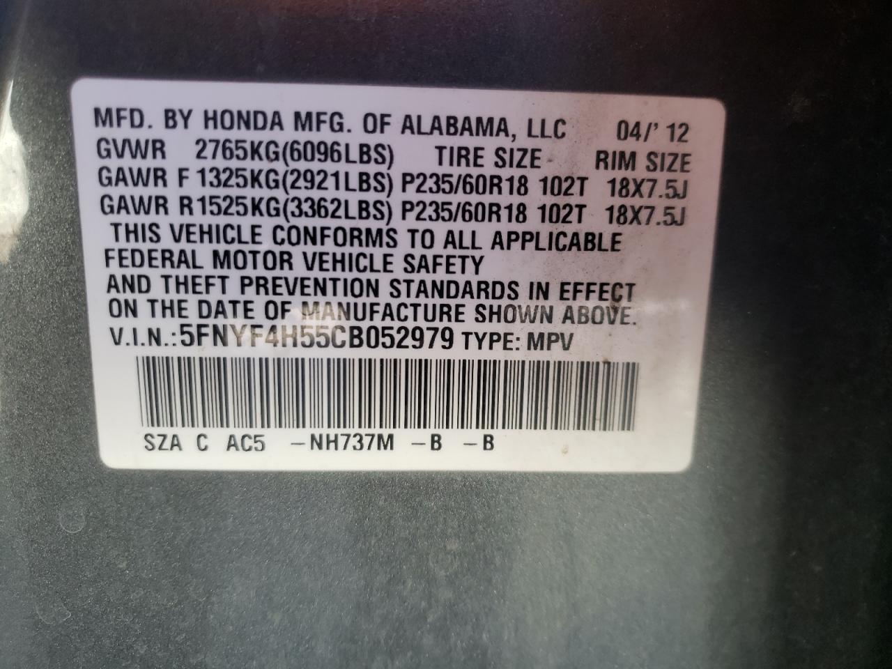 Photo 10 from auction – 2012 HONDA PILOT EXL with VIN 5FNYF4H55CB052979