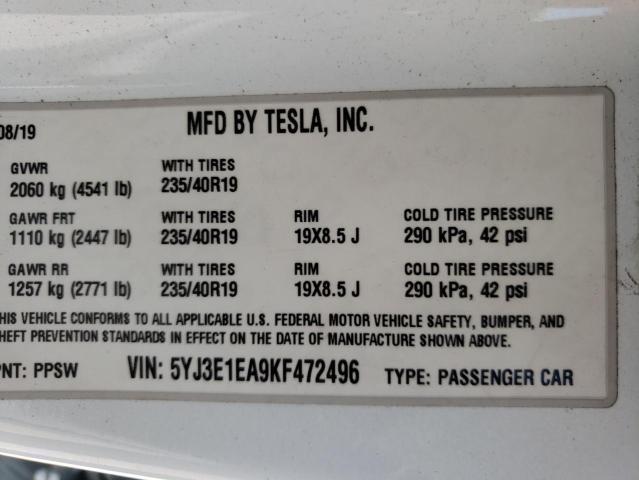 Photo 10 from auction – 2019 TESLA MODEL 3 with VIN 5YJ3E1EA9KF472496