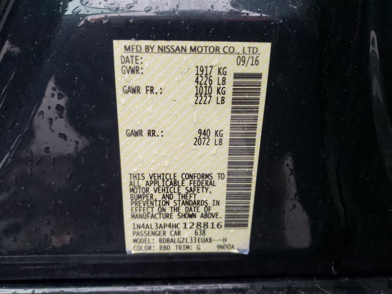 Photo 10 from auction – 2017 NISSAN ALTIMA 2.5 with VIN 1N4AL3AP4HC128816