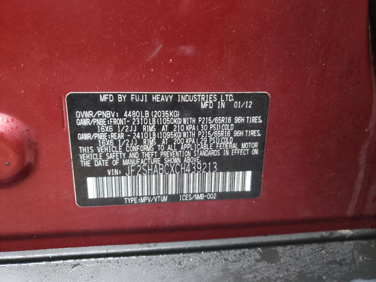 Photo 10 from auction – 2012 SUBARU FORESTER 2 with VIN JF2SHABCXCH439213