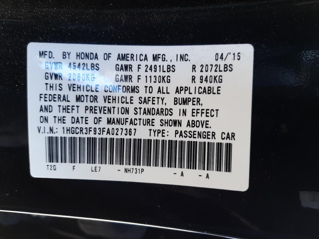 Photo 10 from auction – 2015 HONDA ACCORD TOU with VIN 1HGCR3F93FA027367