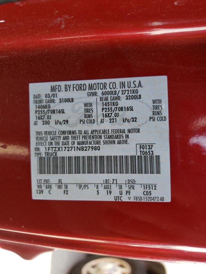 Photo 10 from auction – 2001 FORD F150 with VIN 1FTZX17271NB27980