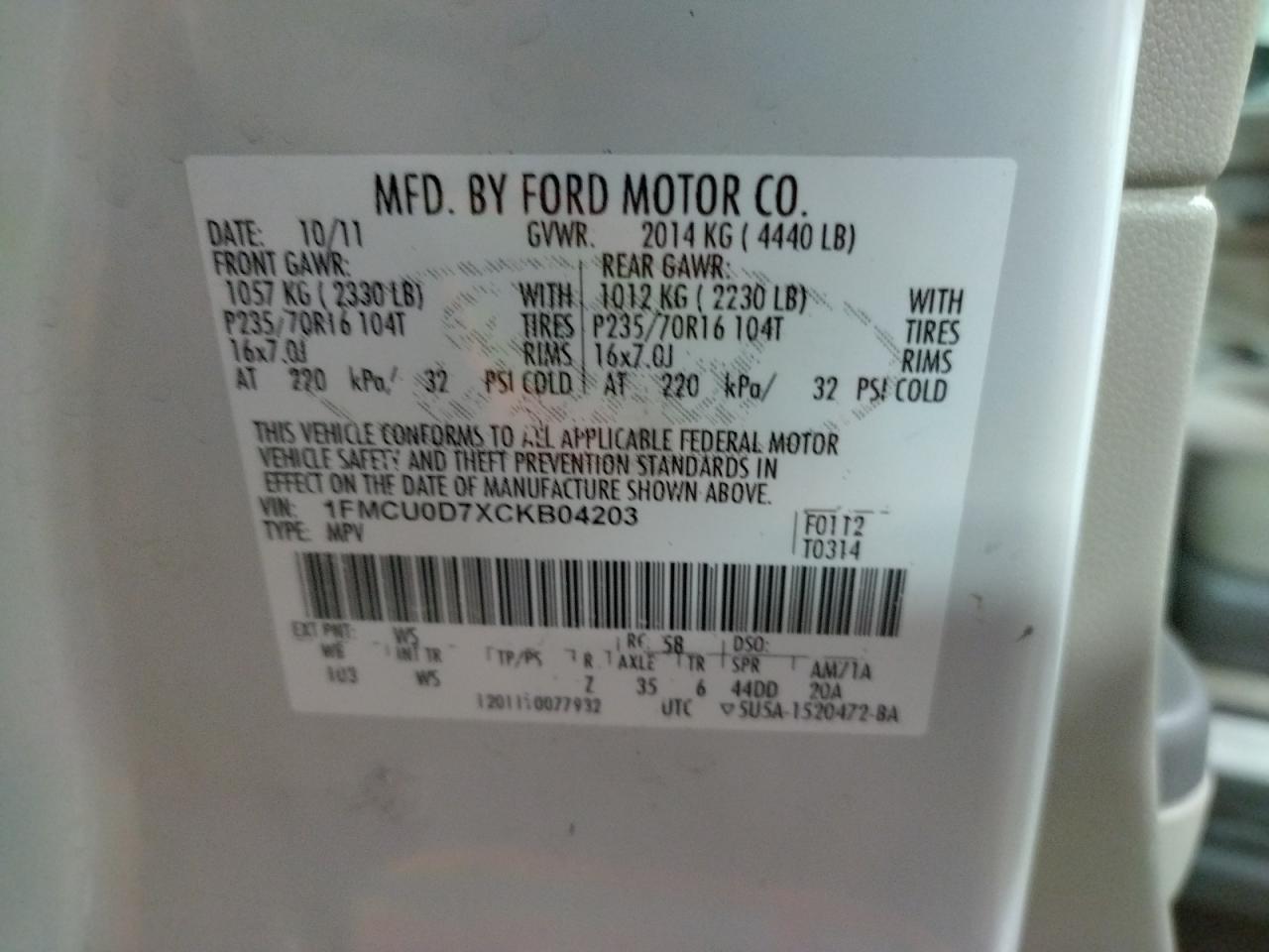 Photo 10 from auction – 2012 FORD ESCAPE XLT with VIN 1FMCU0D7XCKB04203
