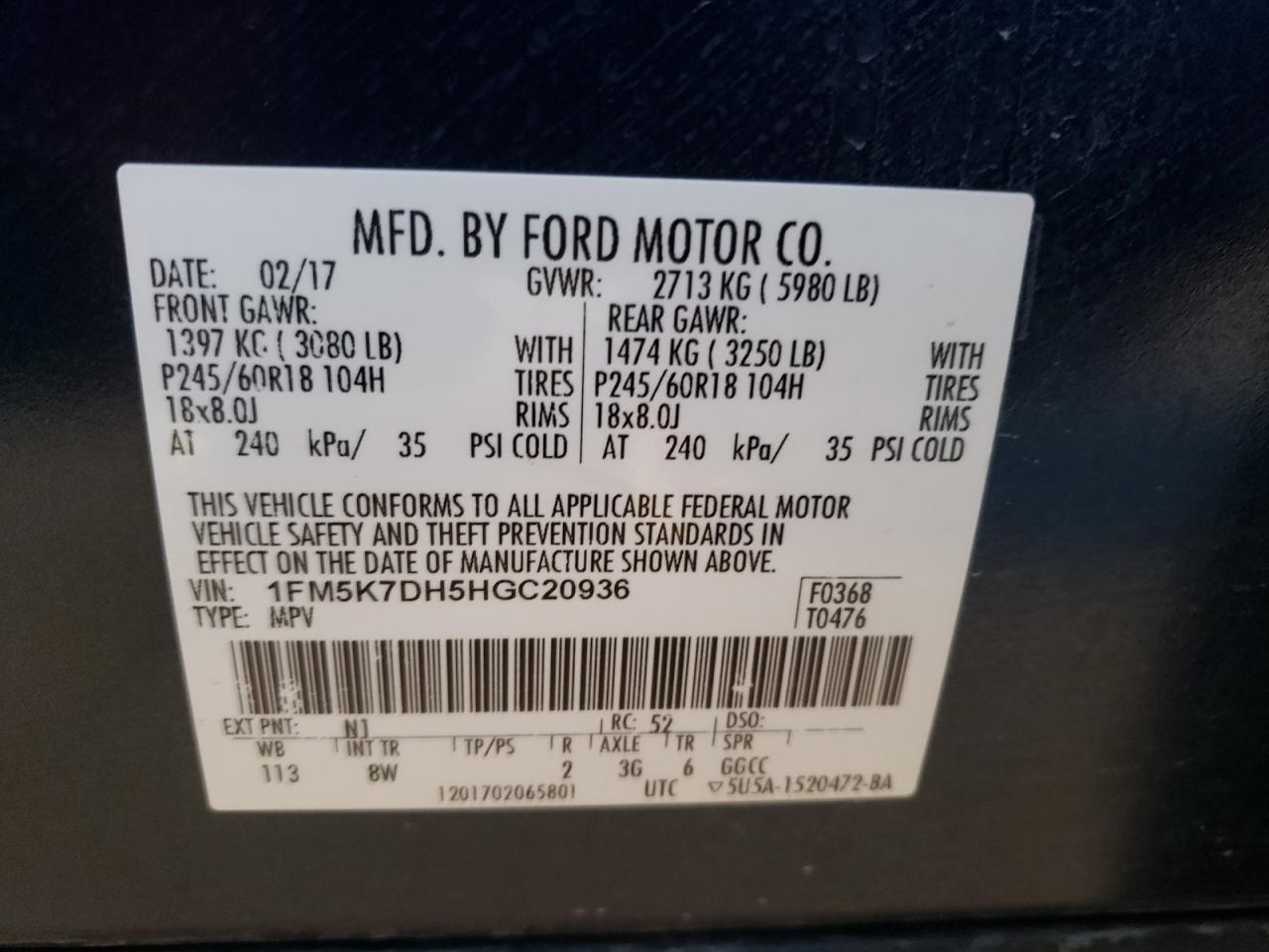 Photo 10 from auction – 2017 FORD EXPLORER X with VIN 1FM5K7DH5HGC20936