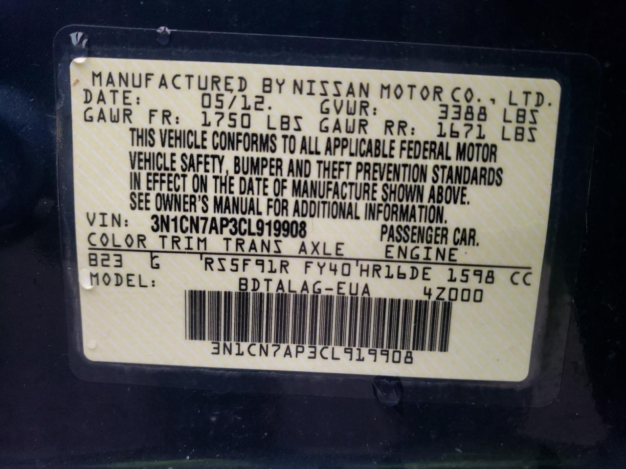 Photo 10 from auction – 2012 NISSAN VERSA S with VIN 3N1CN7AP3CL919908