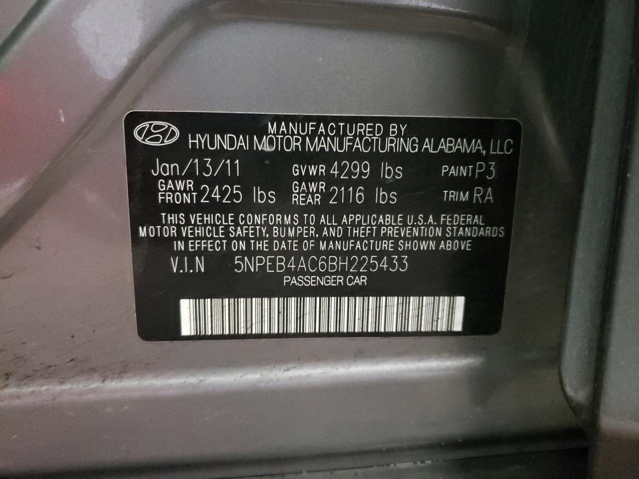 Photo 10 from auction – 2011 HYUNDAI SONATA GLS with VIN 5NPEB4AC6BH225433