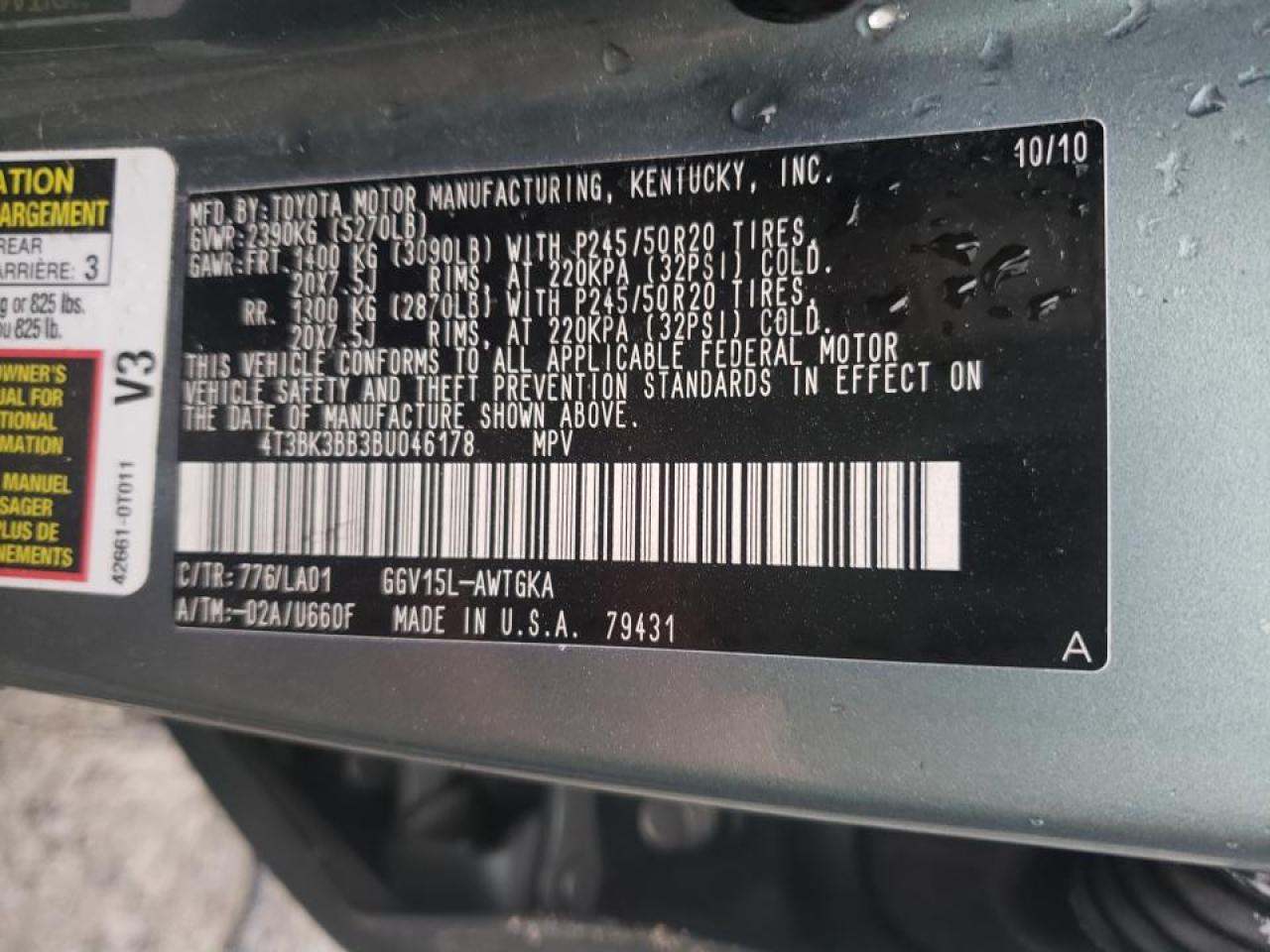 Photo 10 from auction – 2011 TOYOTA VENZA with VIN 4T3BK3BB3BU046178