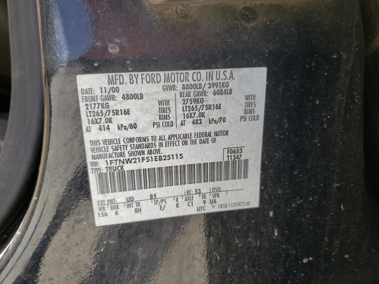 Photo 10 from auction – 2001 FORD F250 SUPER with VIN 1FTNW21F51EB25115