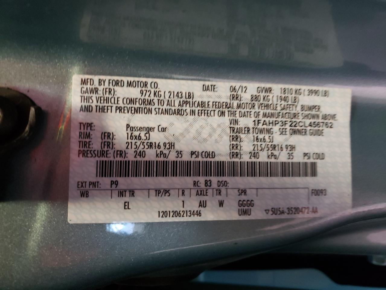 Photo 10 from auction – 2012 FORD FOCUS SE with VIN 1FAHP3F22CL456762