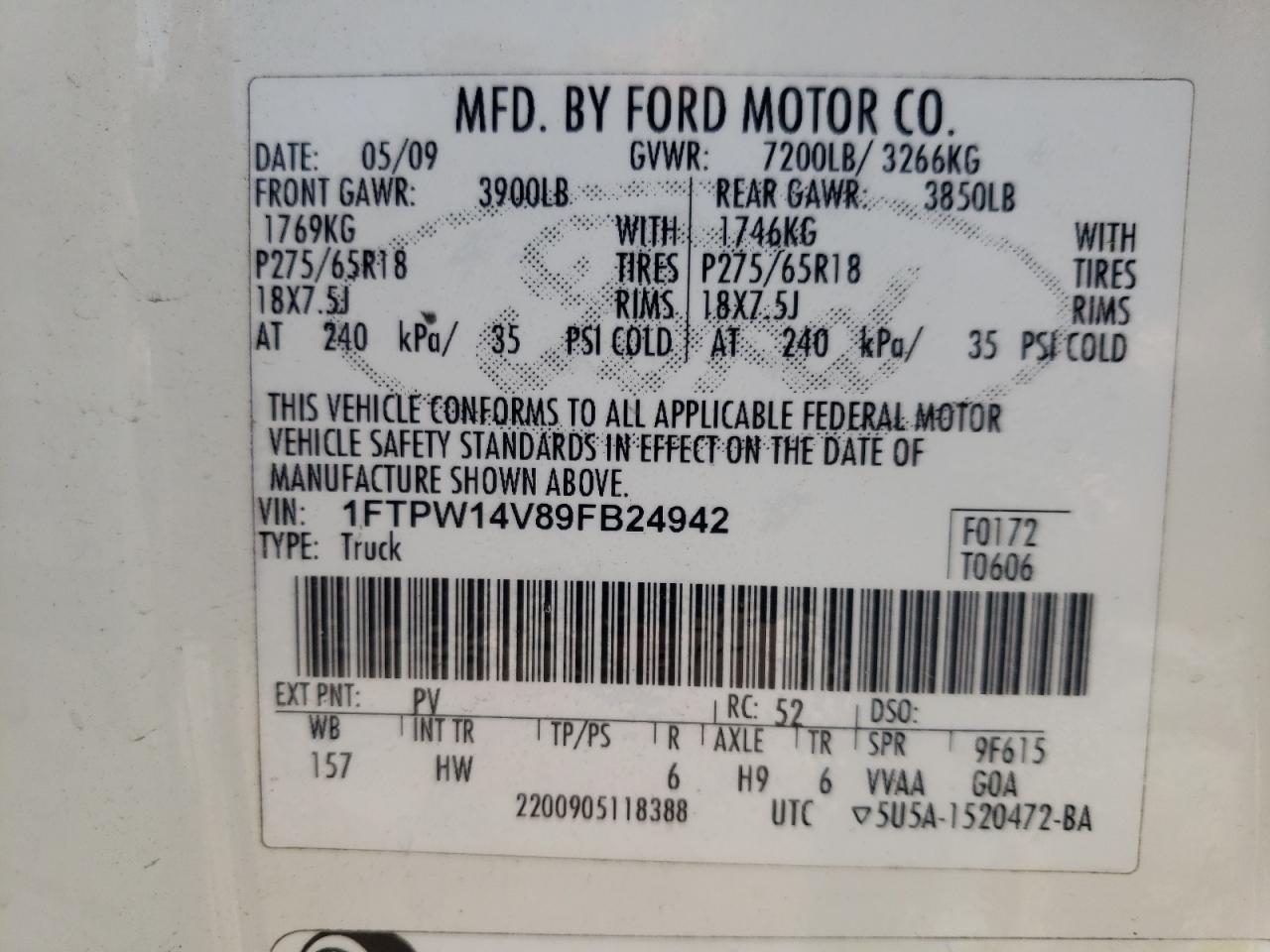 Photo 10 from auction – 2009 FORD F150 SUPER with VIN 1FTPW14V89FB24942