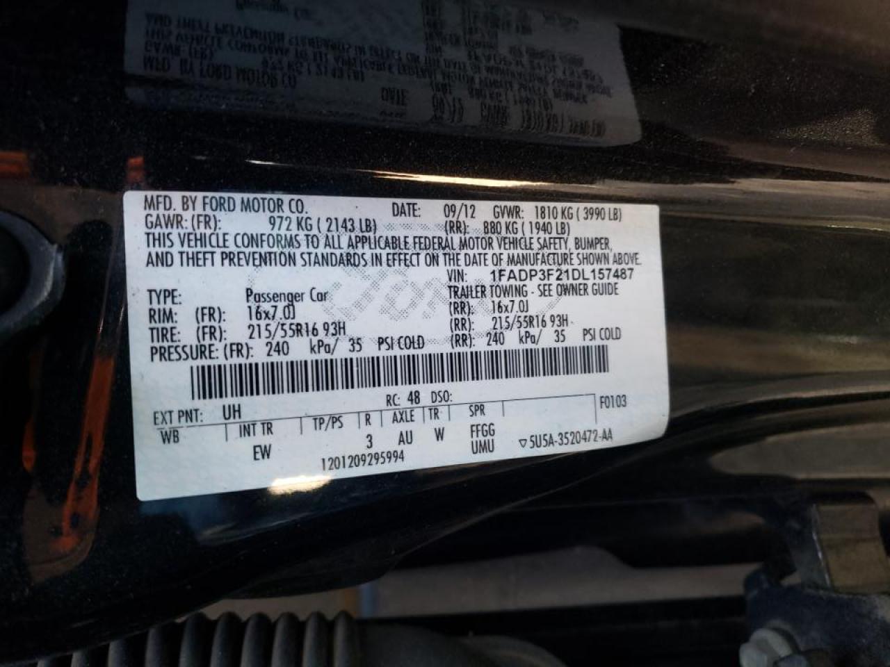 Photo 10 from auction – 2013 FORD FOCUS SE with VIN 1FADP3F21DL157487
