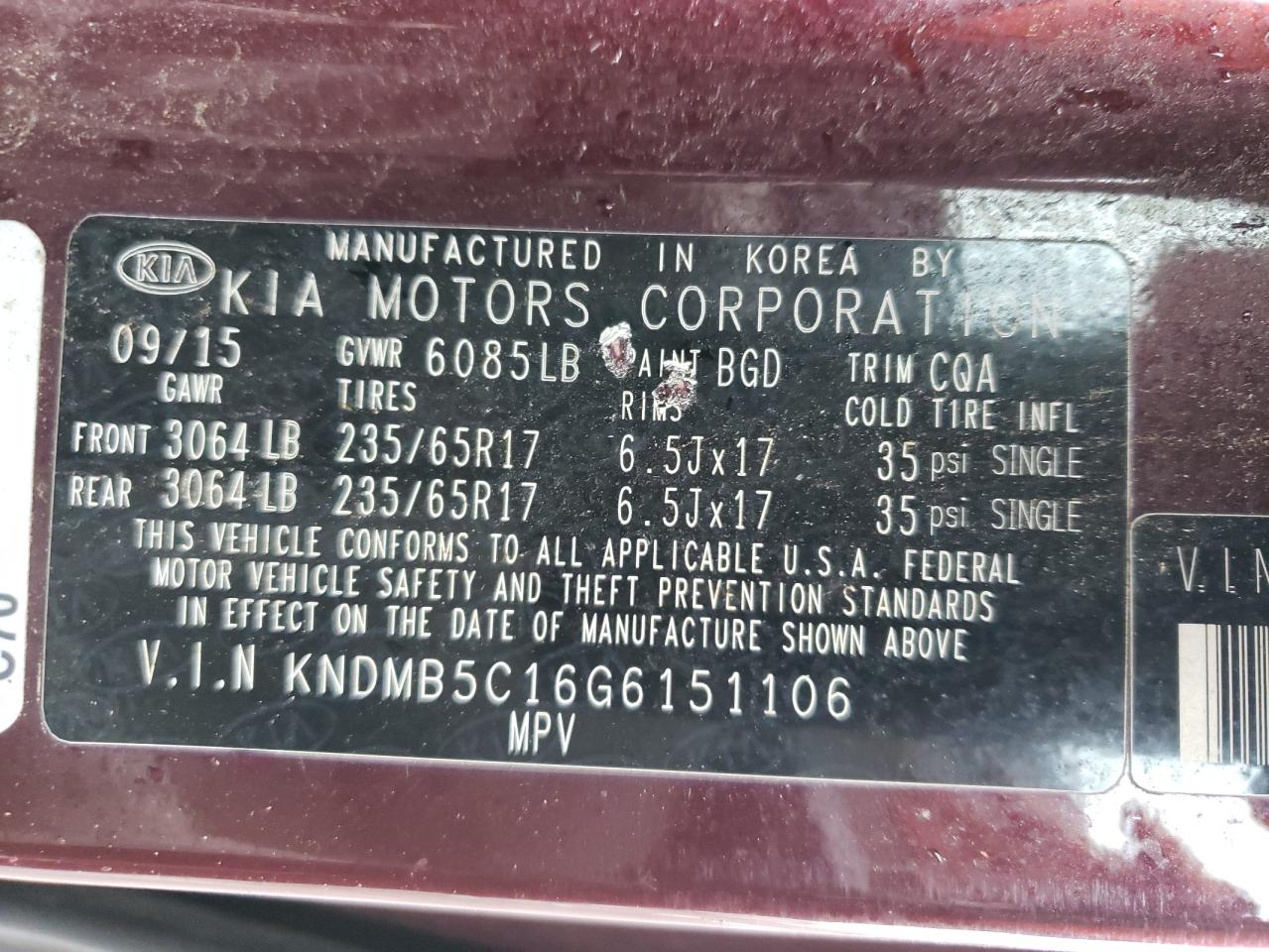 Photo 10 from auction – 2016 KIA SEDONA LX with VIN KNDMB5C16G6151106