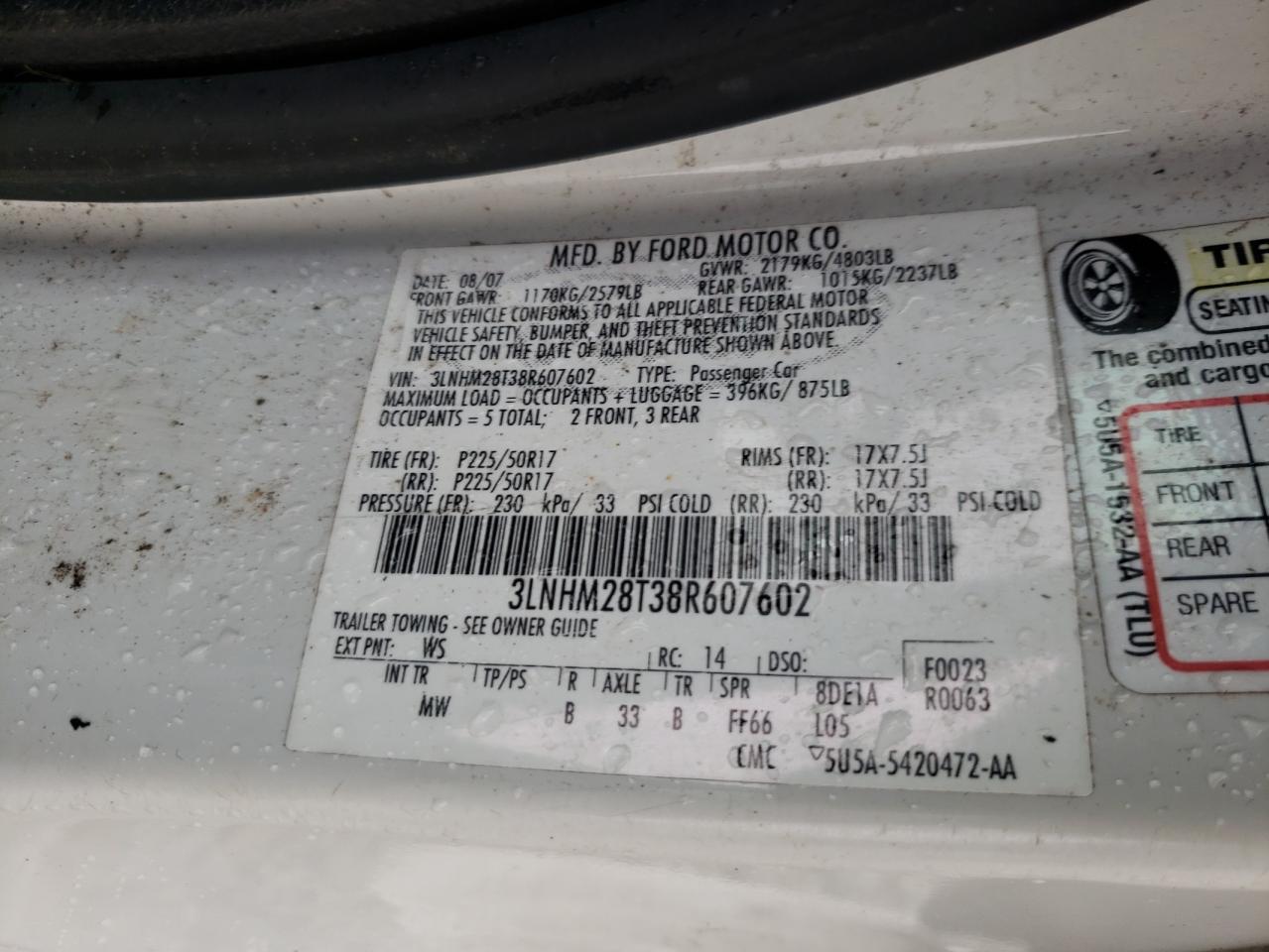 Photo 10 from auction – 2008 LINCOLN MKZ with VIN 3LNHM28T38R607602