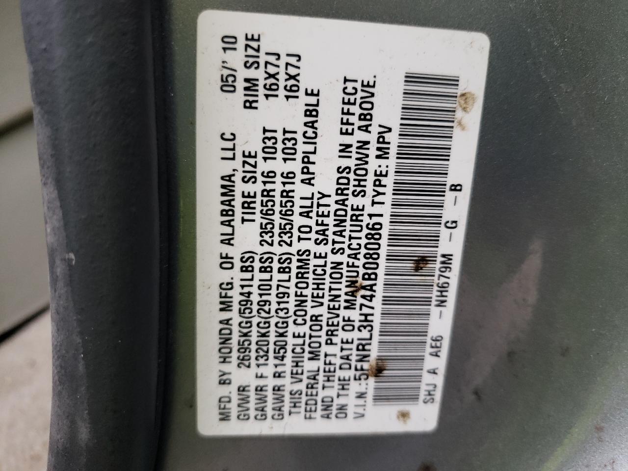Photo 10 from auction – 2010 HONDA ODYSSEY EX with VIN 5FNRL3H74AB080861