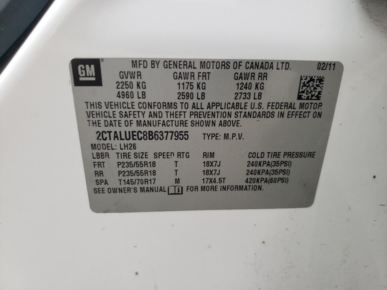 Photo 10 from auction – 2011 GMC TERRAIN SL with VIN 2CTALUEC8B6377955