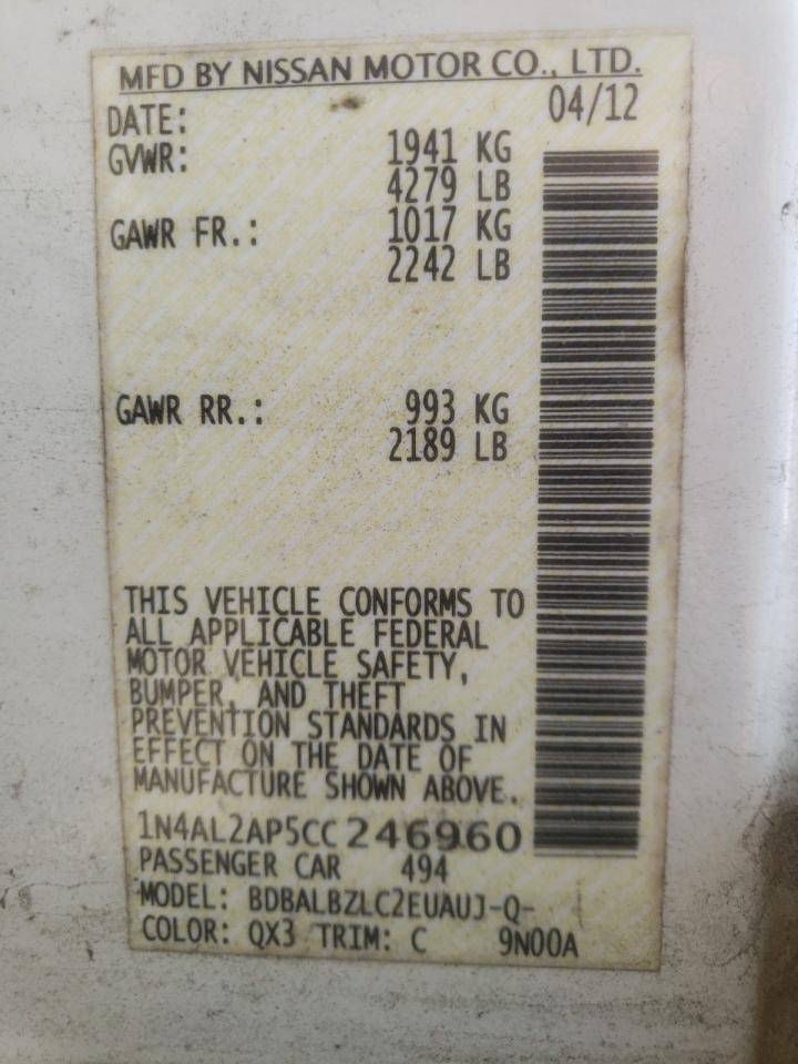 Photo 10 from auction – 2012 NISSAN ALTIMA BAS with VIN 1N4AL2AP5CC246960