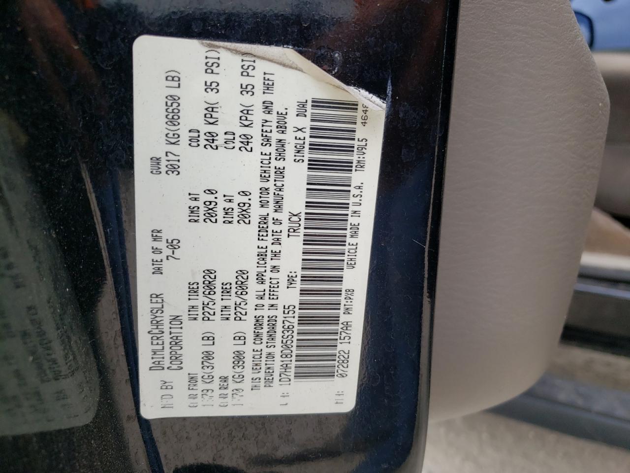 Photo 10 from auction – 2005 DODGE RAM 1500 S with VIN 1D7HA18D05S367155