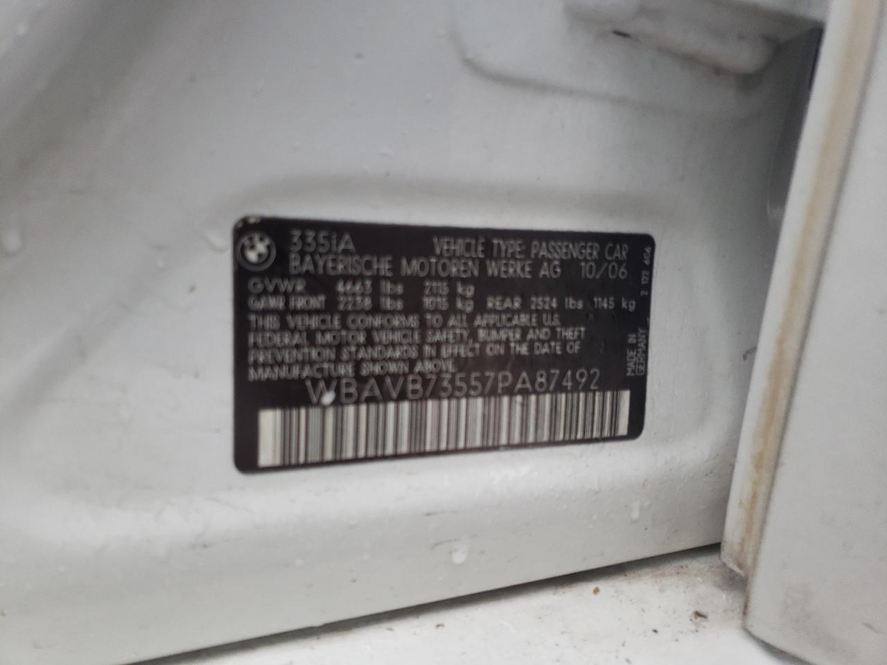 Photo 10 from auction – 2007 BMW 335 I with VIN WBAVB73557PA87492