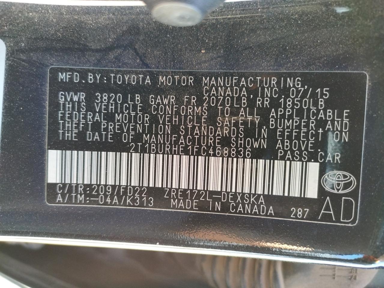 Photo 10 from auction – 2015 TOYOTA COROLLA L with VIN 2T1BURHE1FC468836