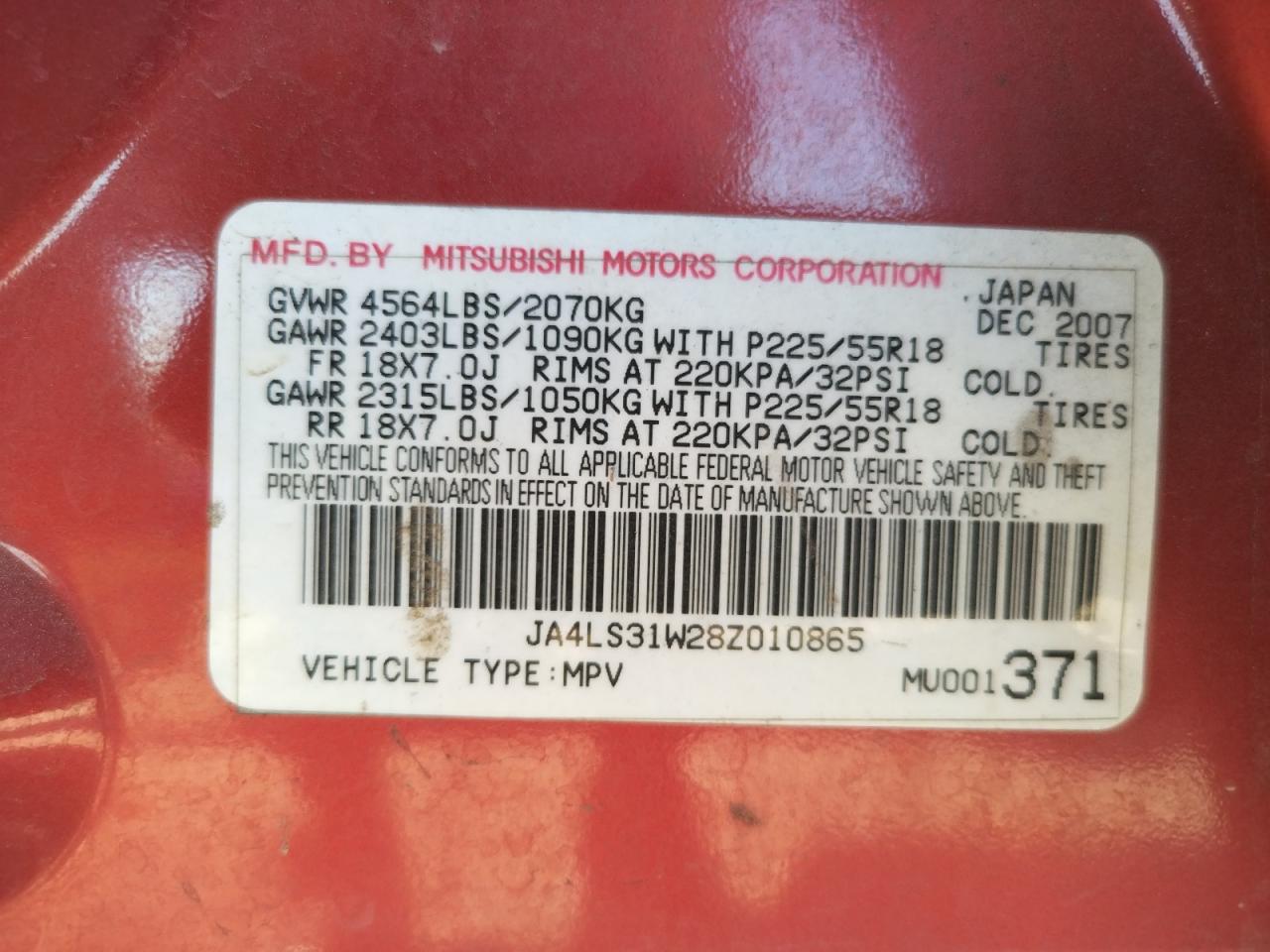 Photo 10 from auction – 2008 MITSUBISHI OUTLANDER with VIN JA4LS31W28Z010865