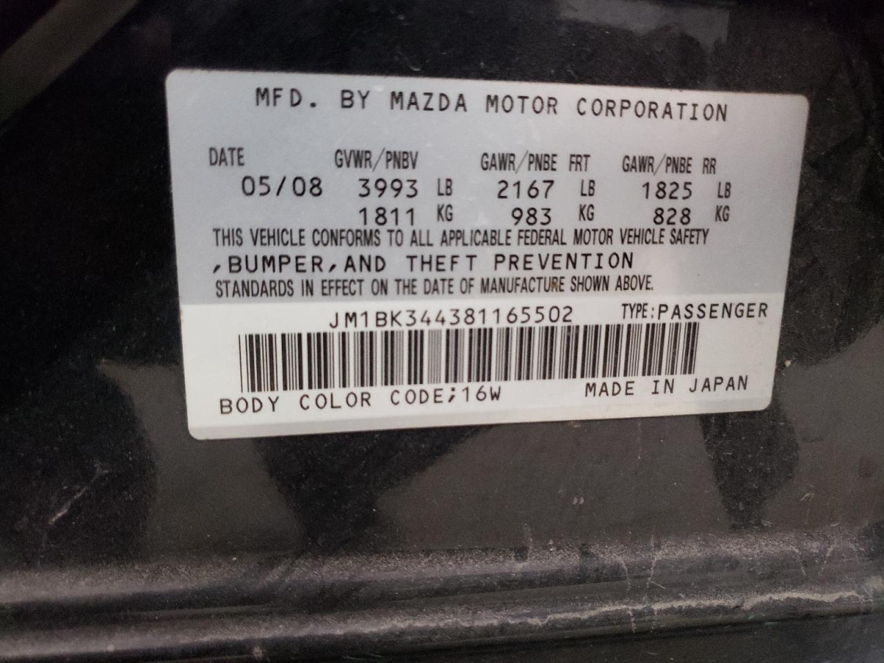 Photo 10 from auction – 2008 MAZDA 3 HATCHBAC with VIN JM1BK344381165502