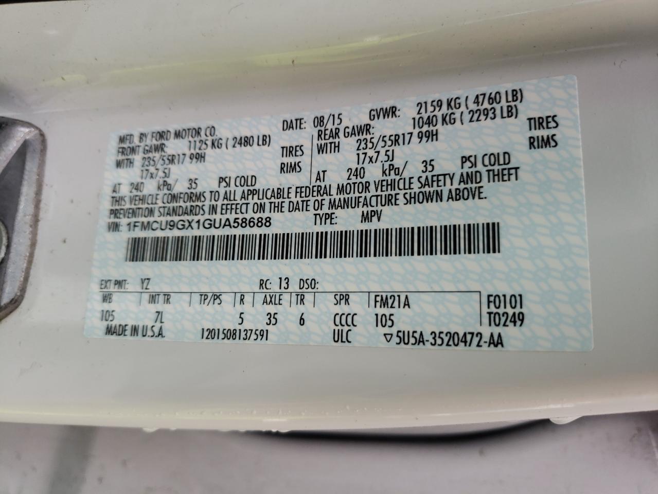 Photo 10 from auction – 2016 FORD ESCAPE SE with VIN 1FMCU9GX1GUA58688