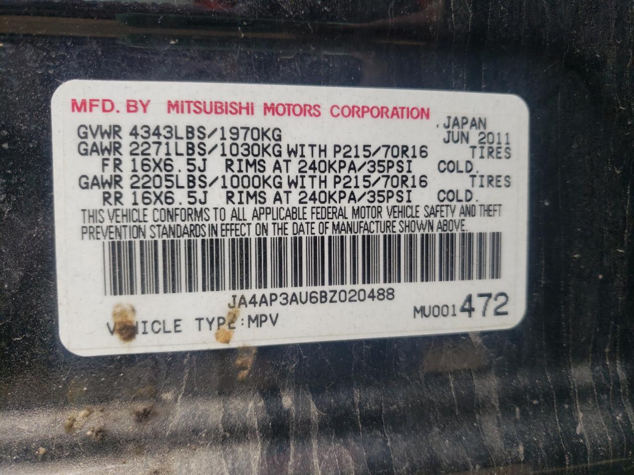 Photo 10 from auction – 2011 MITSUBISHI OUTLANDER with VIN JA4AP3AU6BZ020488