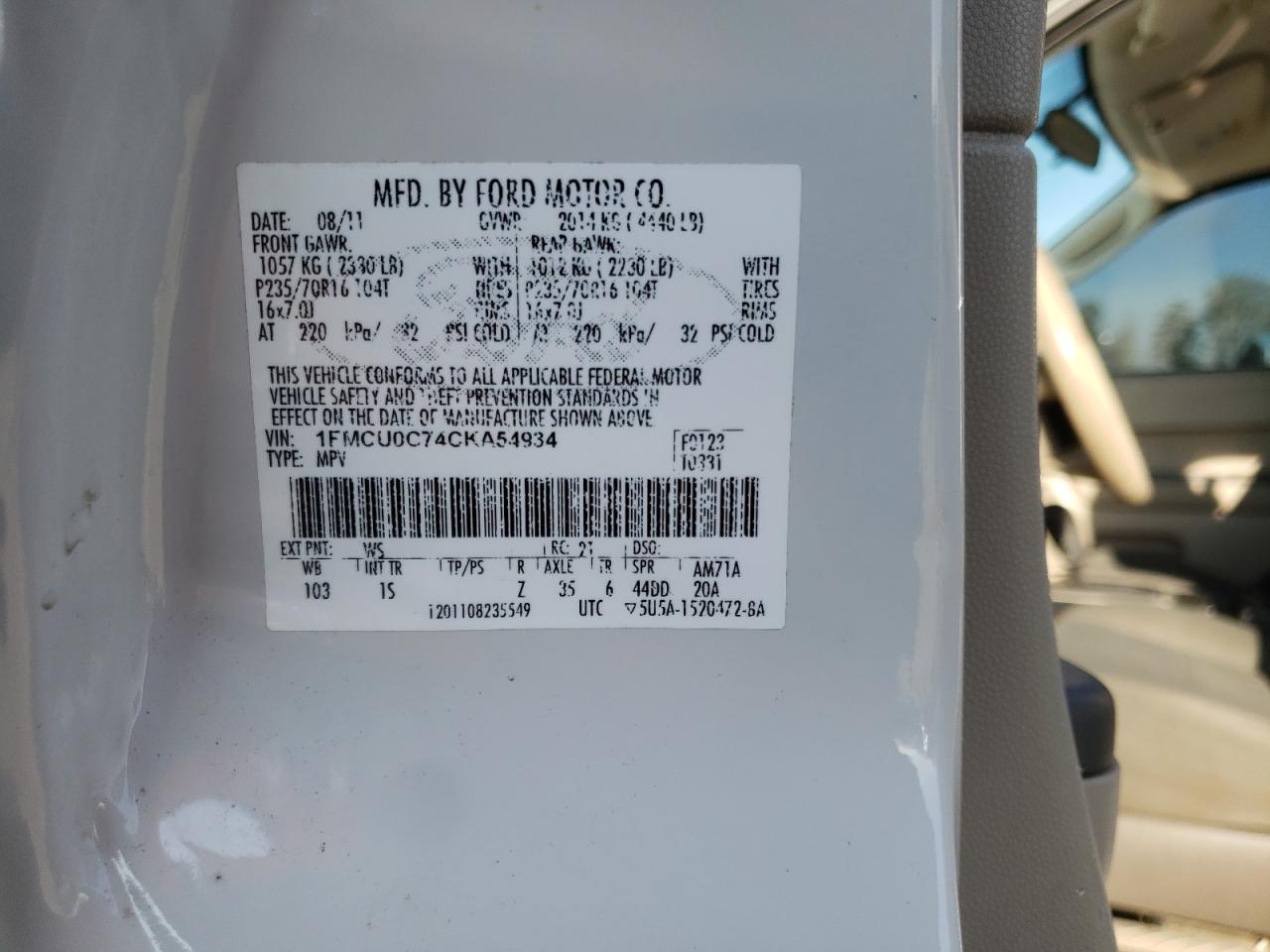 Photo 10 from auction – 2012 FORD ESCAPE XLS with VIN 1FMCU0C74CKA54934