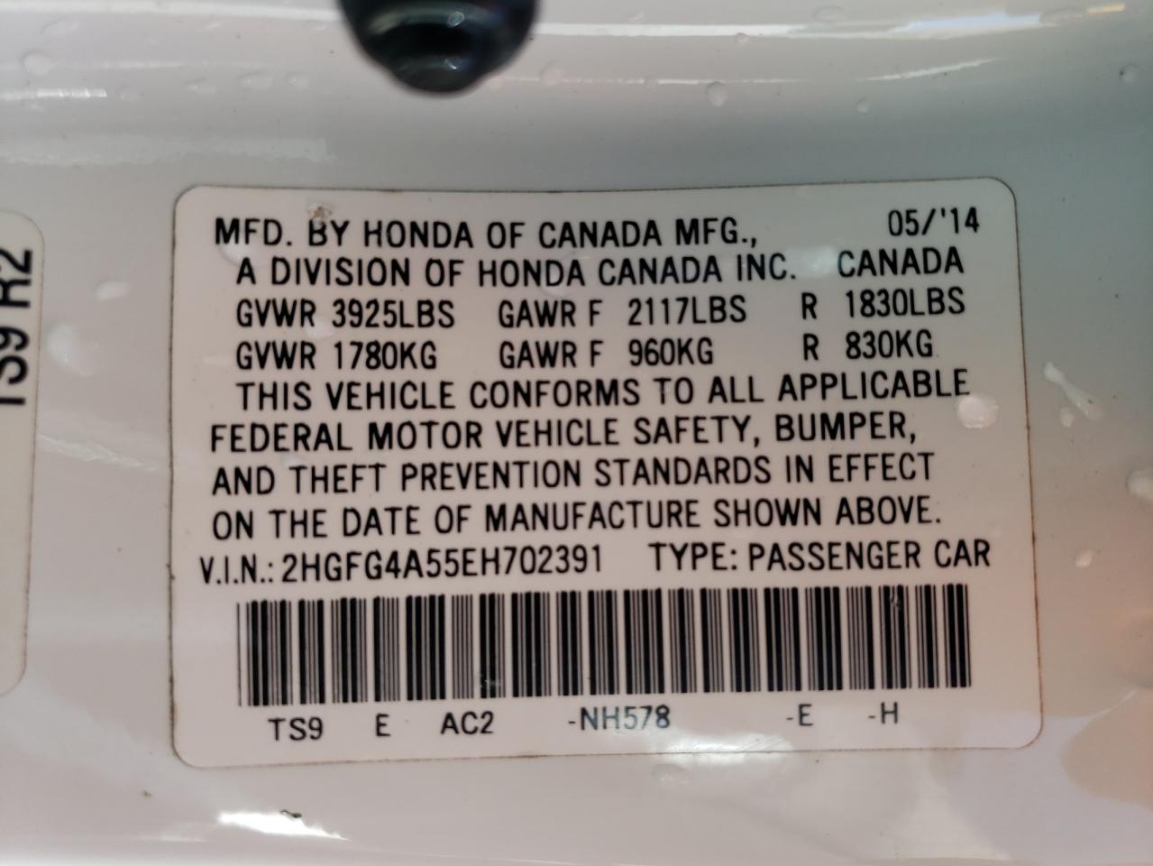 Photo 10 from auction – 2014 HONDA CIVIC SI with VIN 2HGFG4A55EH702391