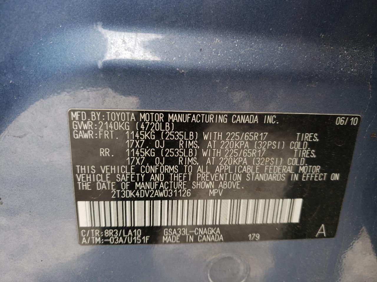Photo 10 from auction – 2010 TOYOTA RAV4 LIMIT with VIN 2T3DK4DV2AW031126