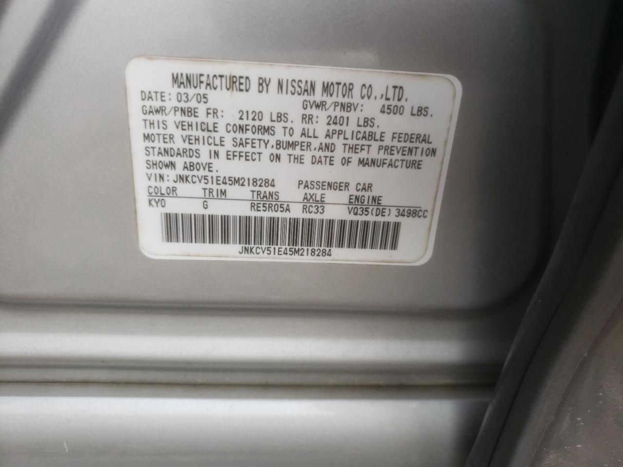 Photo 10 from auction – 2005 INFINITI G35 with VIN JNKCV51E45M218284