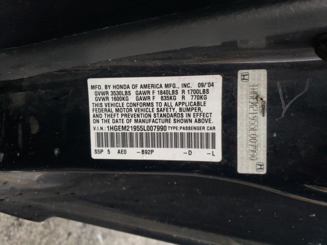 Photo 10 from auction – 2005 HONDA CIVIC with VIN 1HGEM21955L007990