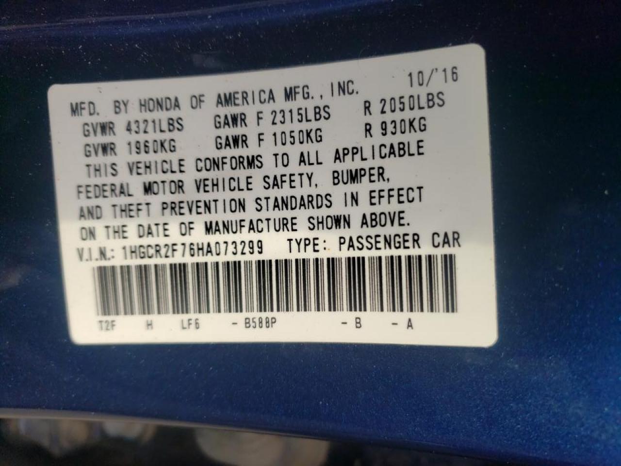 Photo 10 from auction – 2017 HONDA ACCORD EX with VIN 1HGCR2F76HA073299