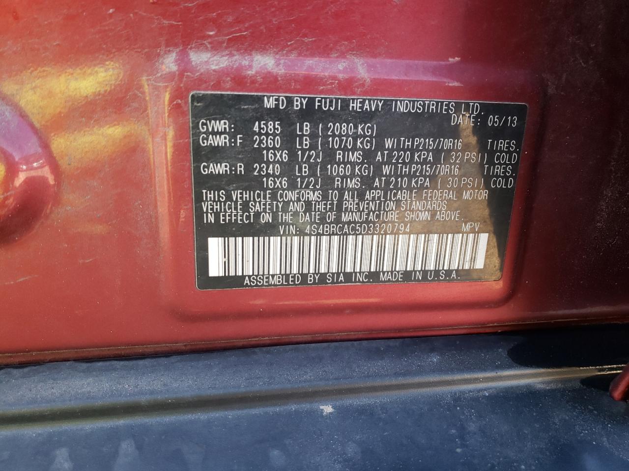Photo 10 from auction – 2013 SUBARU OUTBACK 2. with VIN 4S4BRCAC5D3320794
