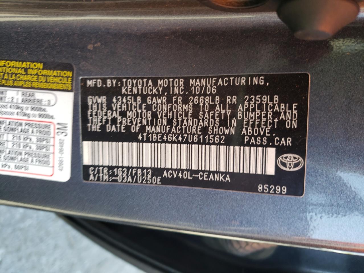 Photo 10 from auction – 2007 TOYOTA CAMRY CE with VIN 4T1BE46K47U611562
