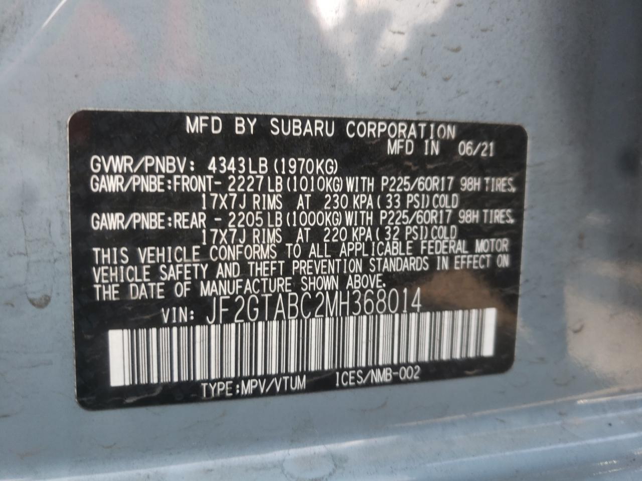 Photo 10 from auction – 2021 SUBARU CROSSTREK with VIN JF2GTABC2MH368014