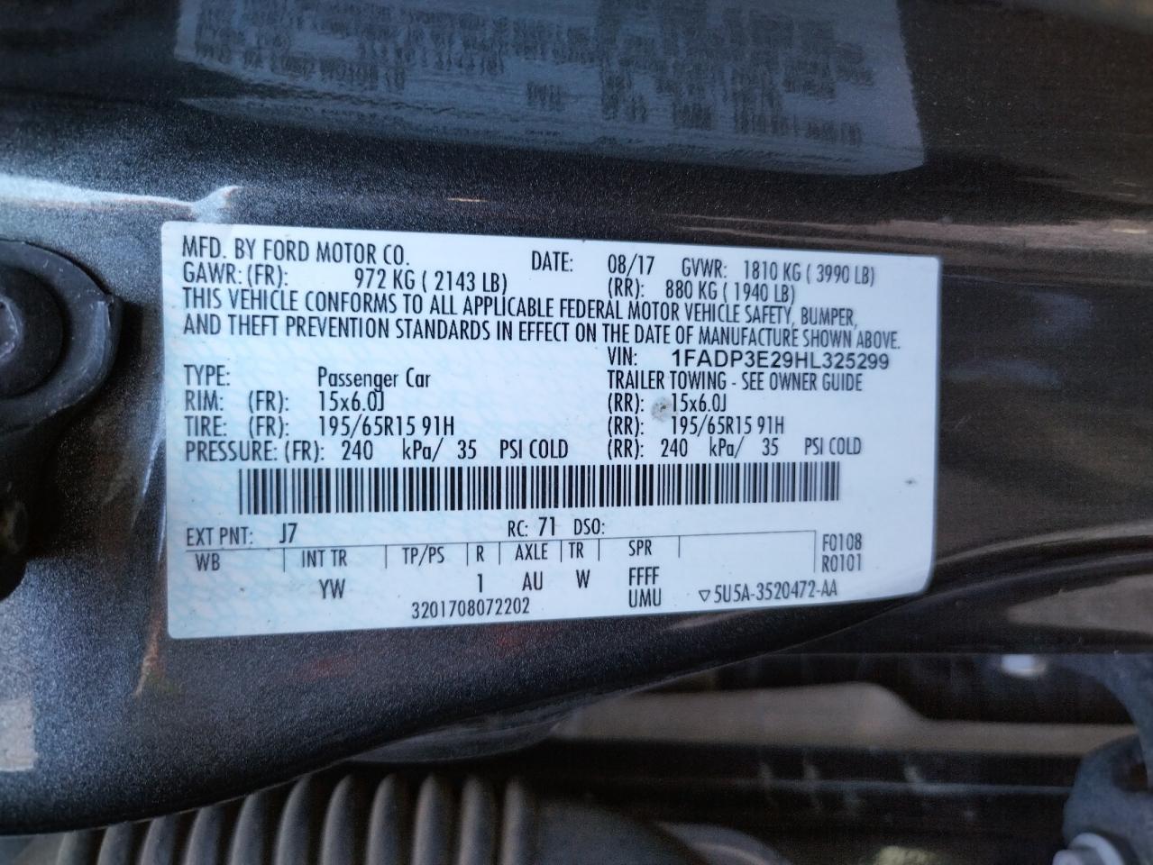 Photo 10 from auction – 2017 FORD FOCUS S with VIN 1FADP3E29HL325299