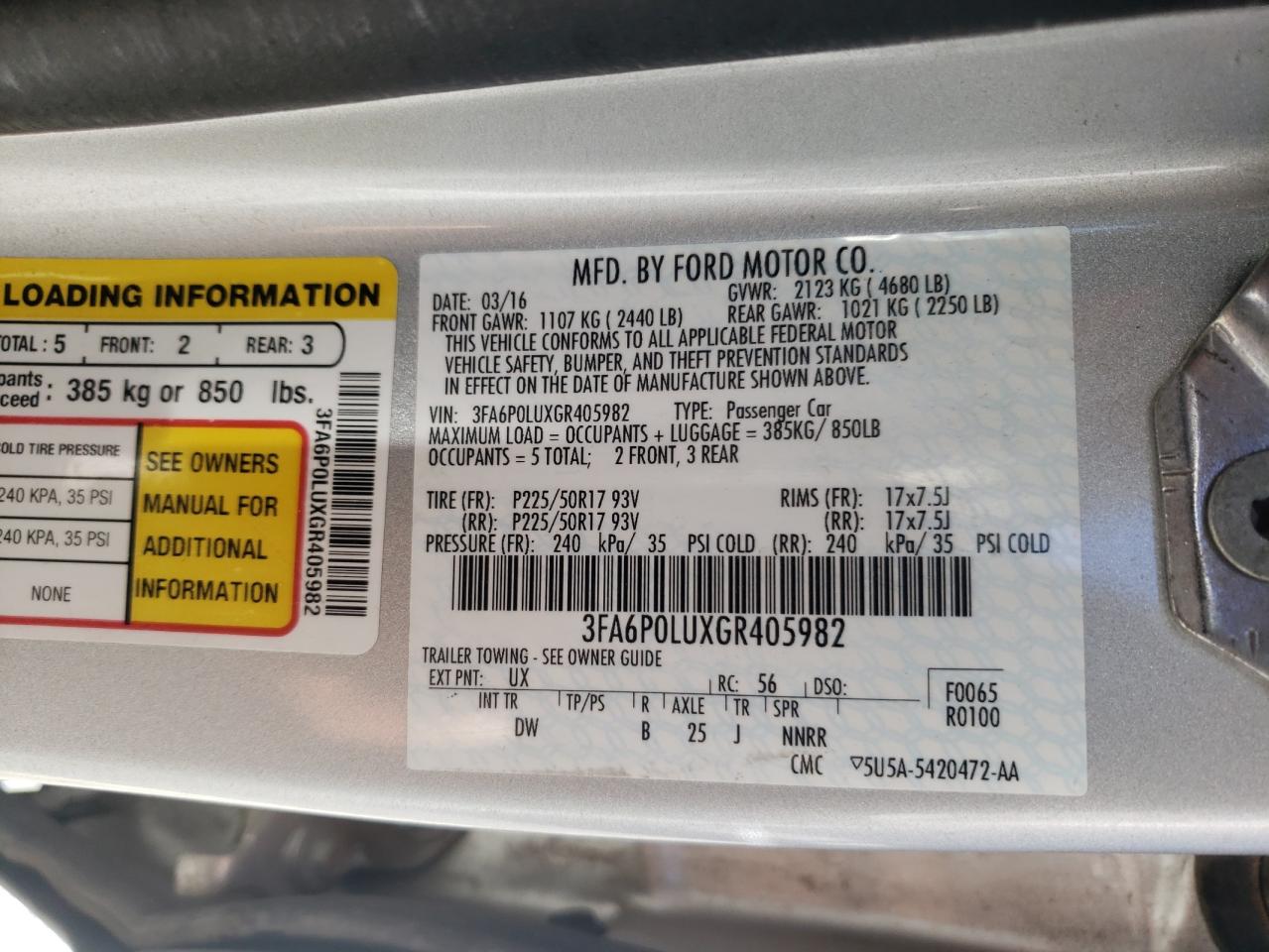 Photo 10 from auction – 2016 FORD FUSION SE with VIN 3FA6P0LUXGR405982
