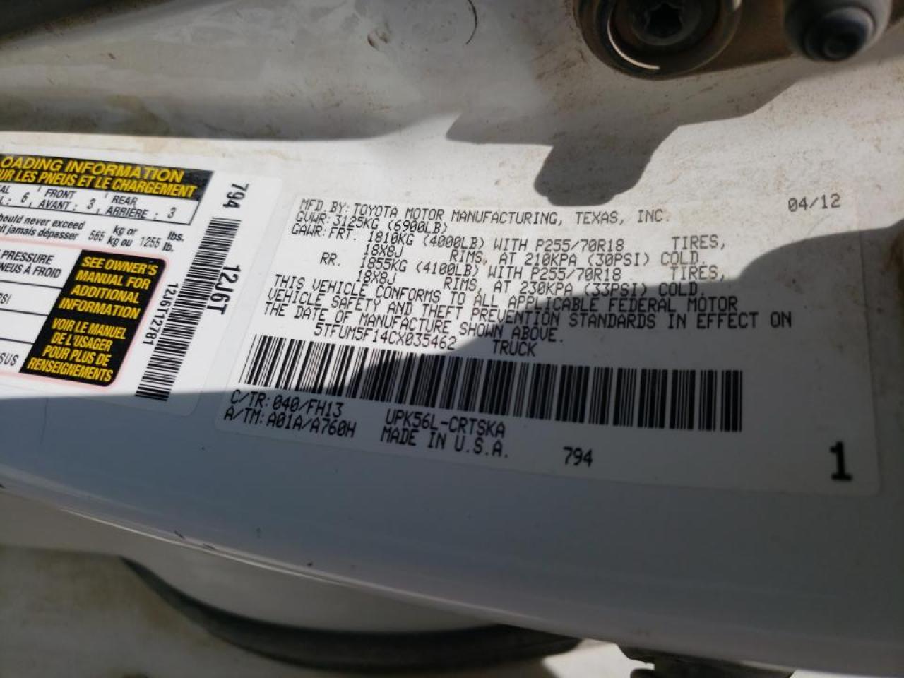 Photo 10 from auction – 2012 TOYOTA TUNDRA DOU with VIN 5TFUM5F14CX035462