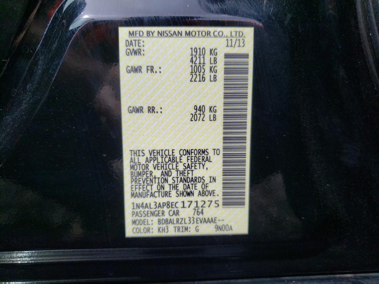 Photo 10 from auction – 2014 NISSAN ALTIMA 2.5 with VIN 1N4AL3AP8EC171275